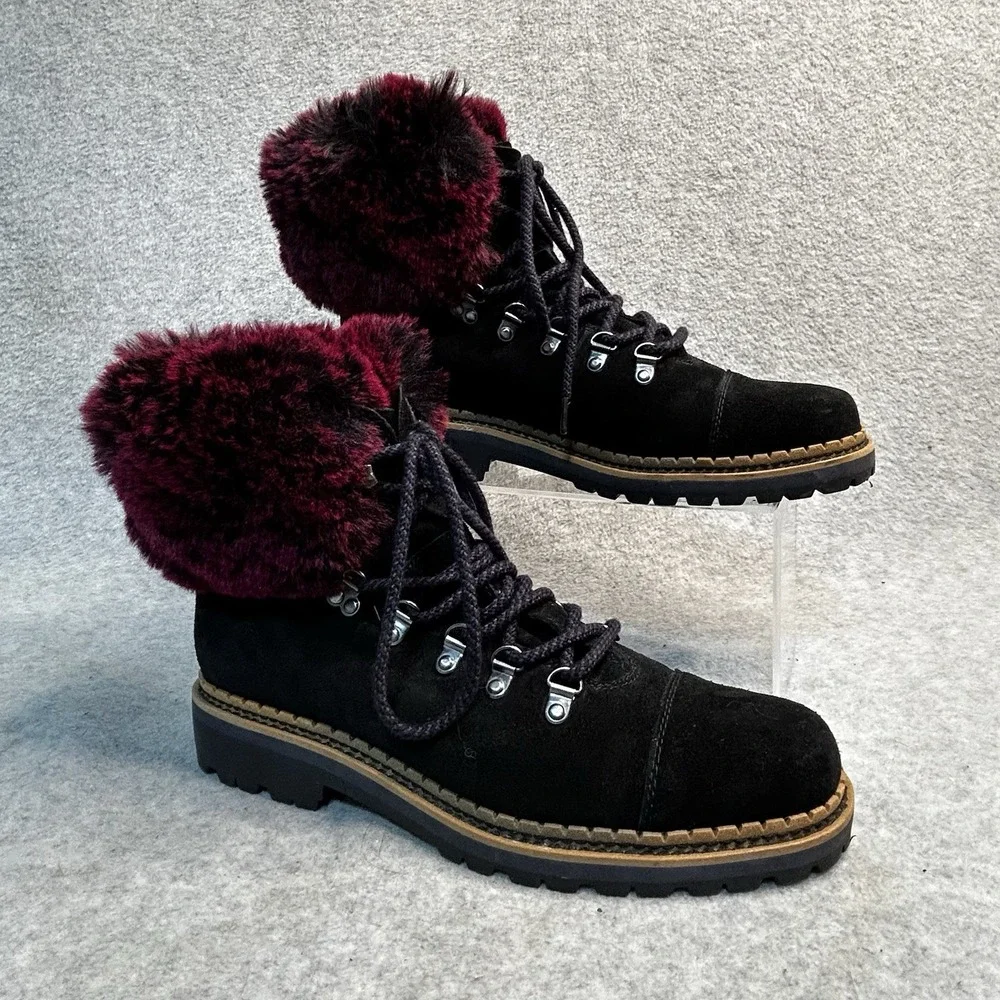 New Sam Edelman‎ Black Suede Boots Women's 9 Bowen Pink Wine Faux Fur Lug Sole